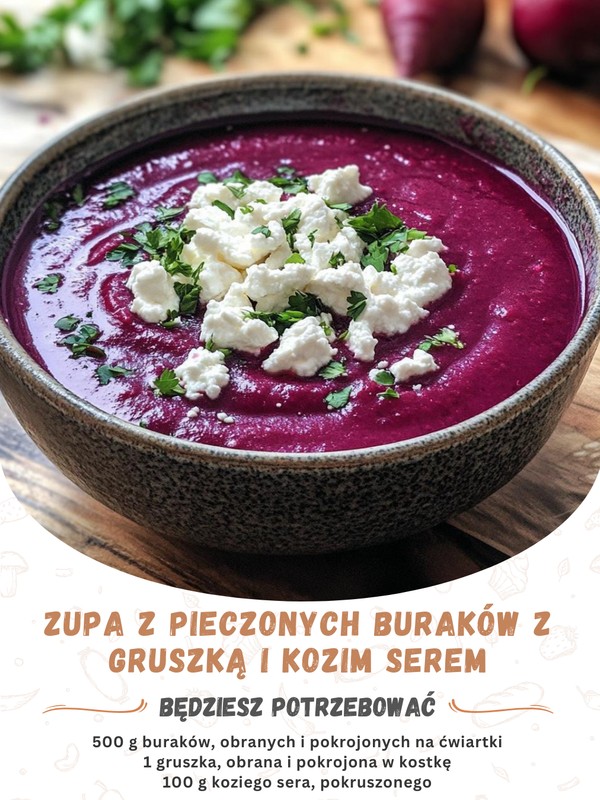 ZUPA Z PIECZONYCH BURAKÓW Z GRUSZKĄ I KOZIM SEREM