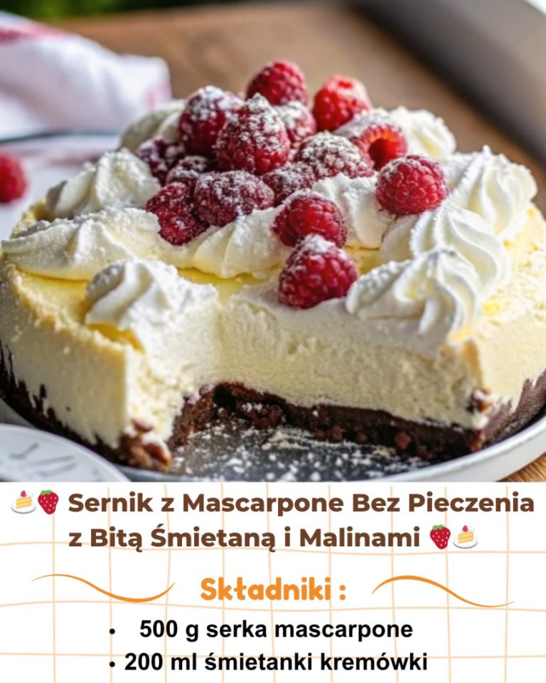 Sernik z Mascarpone Bez Pieczenia z Bitą Śmietaną i Malinami