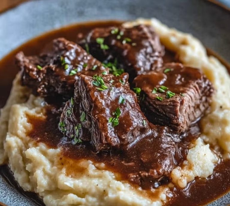 Duszona wołowina w sosie z domowym puree ziemniaczanym